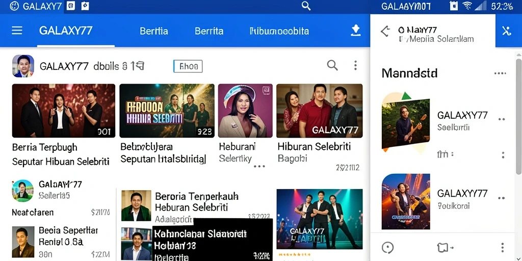 Antarmuka modern GALAXY77 menampilkan berita hiburan selebriti.